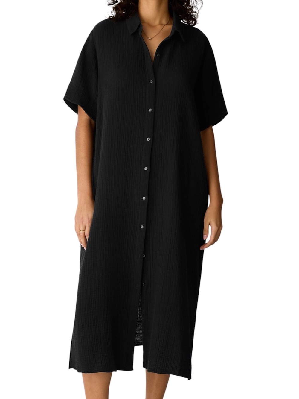 Eileen Fisher Organic Cotton Lofty Gauze Classic Collar Shirtdress Black Medium